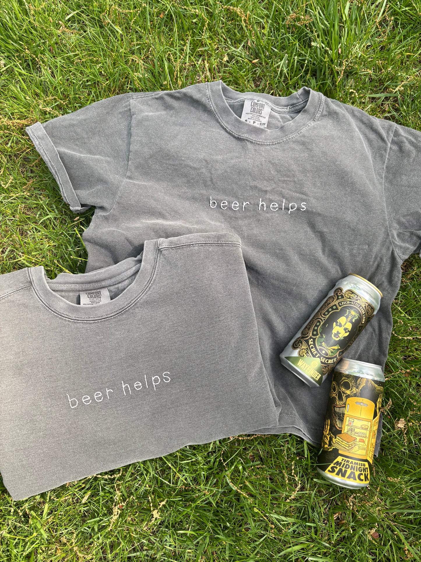 beer helps graphite adult tees + crops + pullovers
