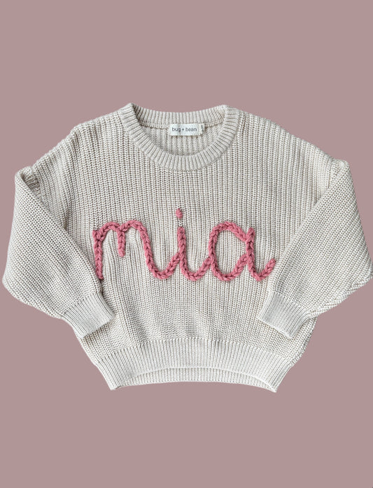 keepsake hand embroidered name knit oversized sweater jumper for newborn babies toddlers kids girls boys