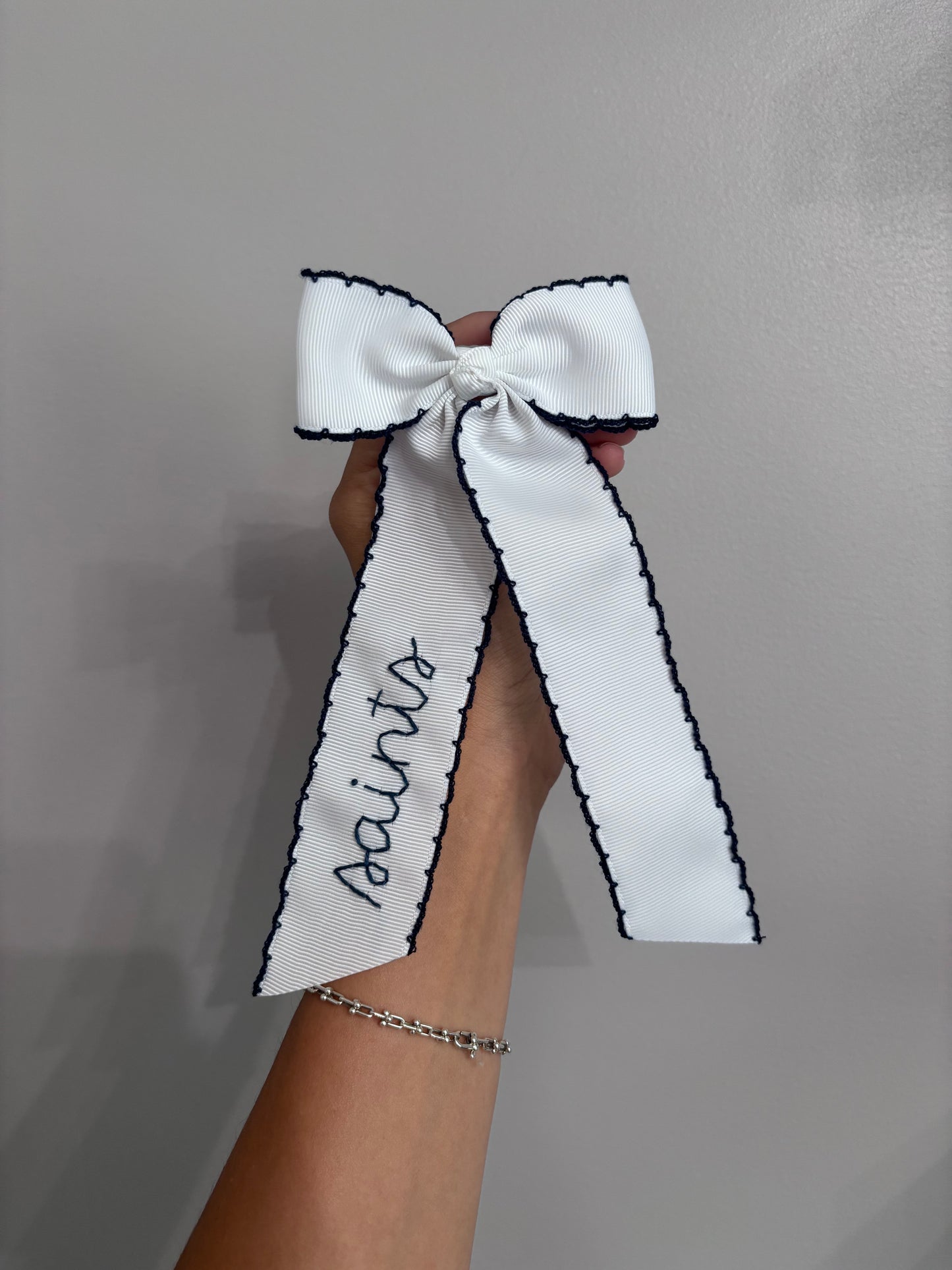 white double moon stitch hair bow with navy trim | *made to order*