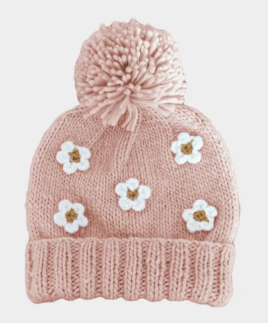 personalized knit beanie | floral | pom pom