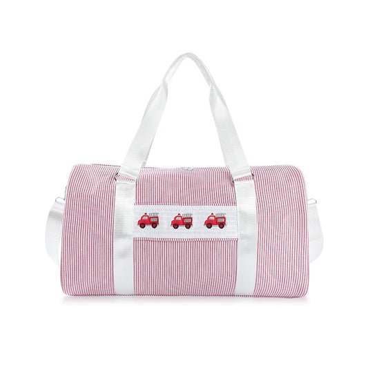 lil engine duffle bag | red seersucker | hand embroidered personalization