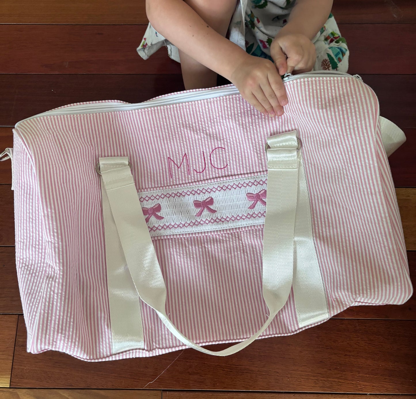 sweet bows duffle bag | pink seersucker | hand embroidered personalization
