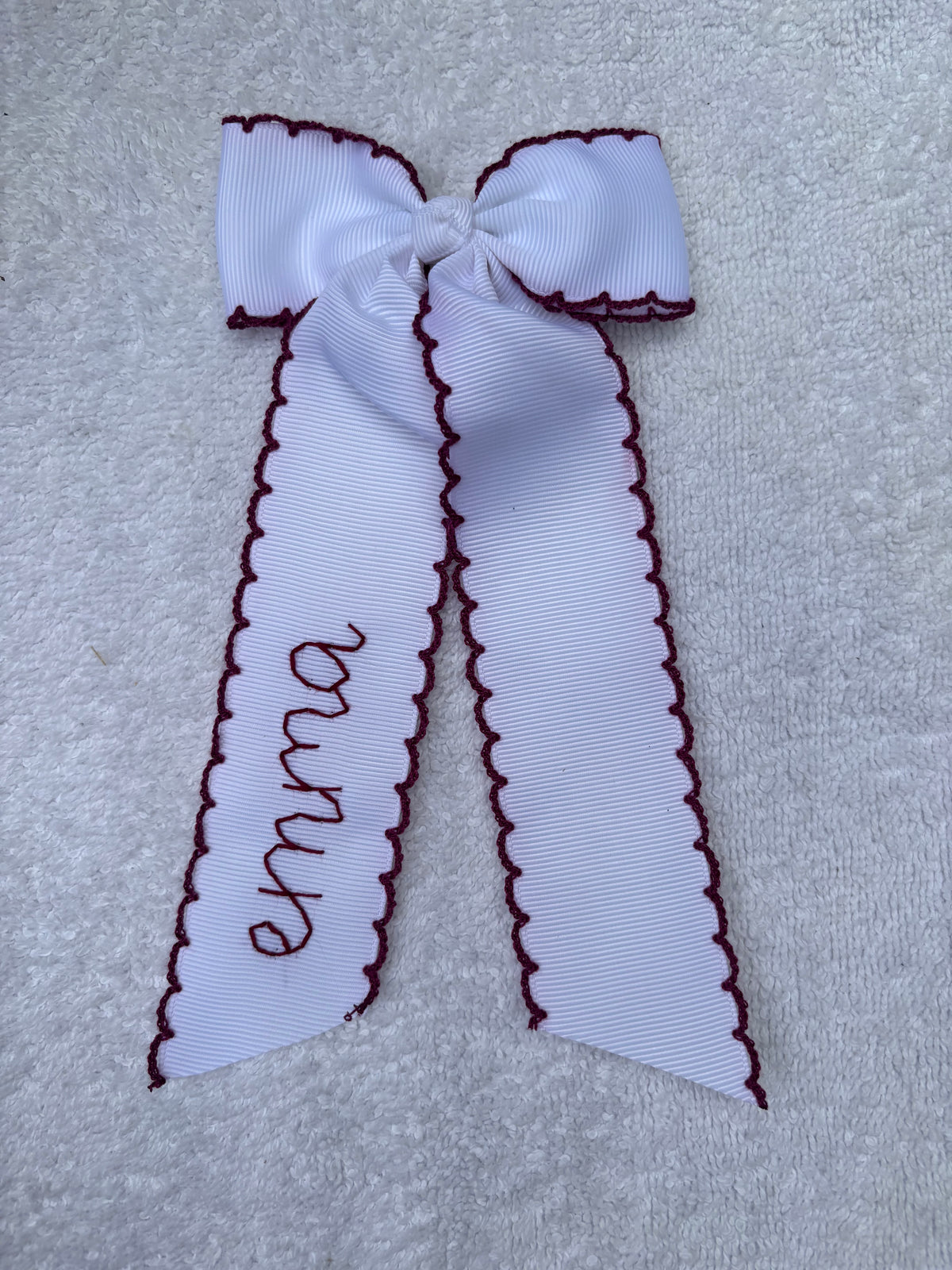 white double moonstitch bow with maroon trim| *made to order*