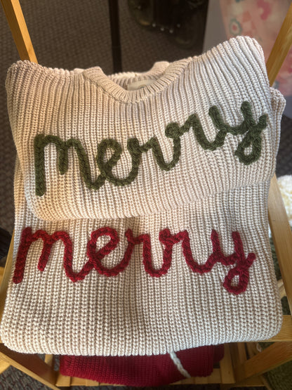 merry knit sweater | christmas | toddler baby | hand embroidered | 100% cotton