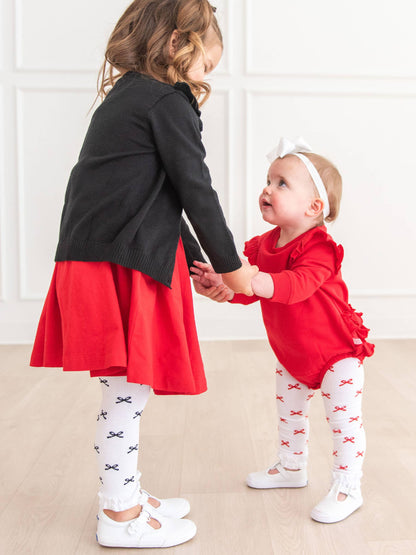Girls Red Bows Patterned Footless Ruffle Tights