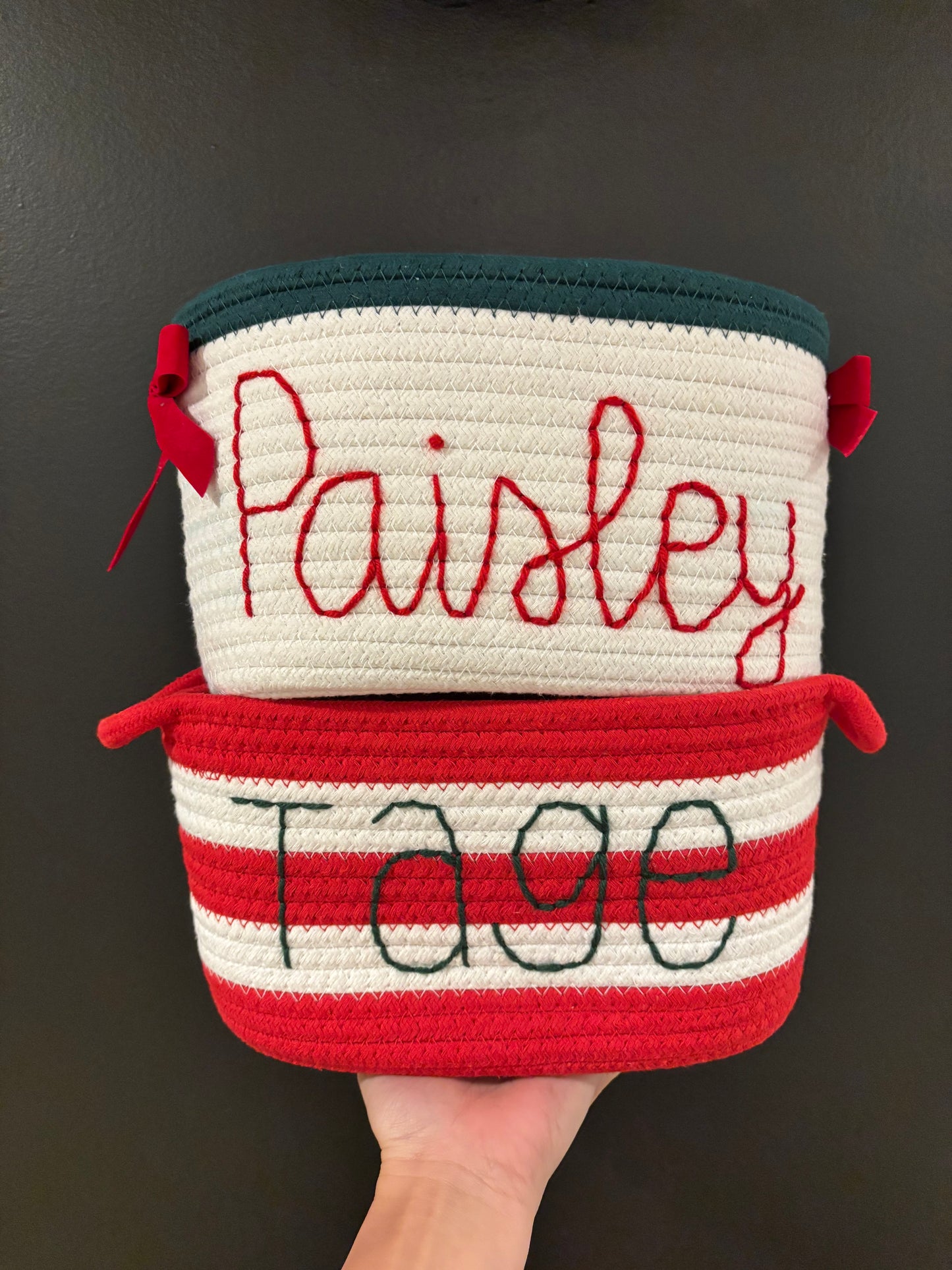 red striped personalized embroidered rope baskets