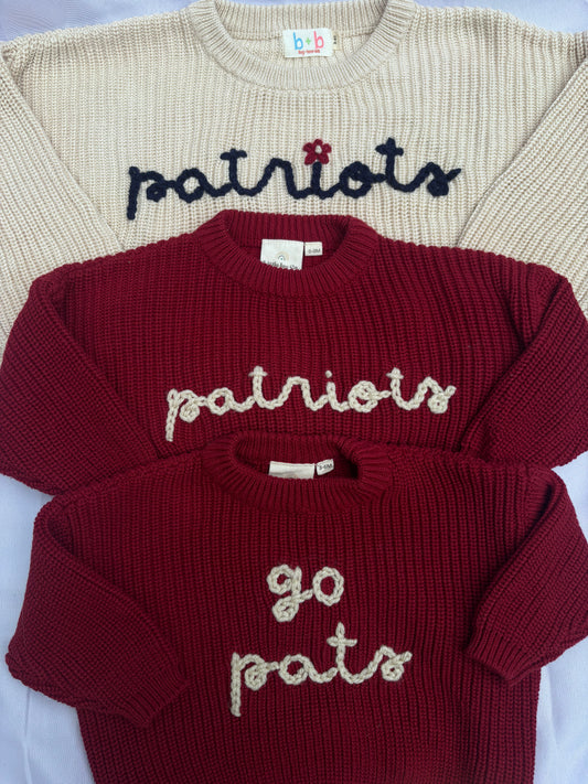new england patriots hand embroiderd knit sweaters | 100% organic cotton | *made to order*