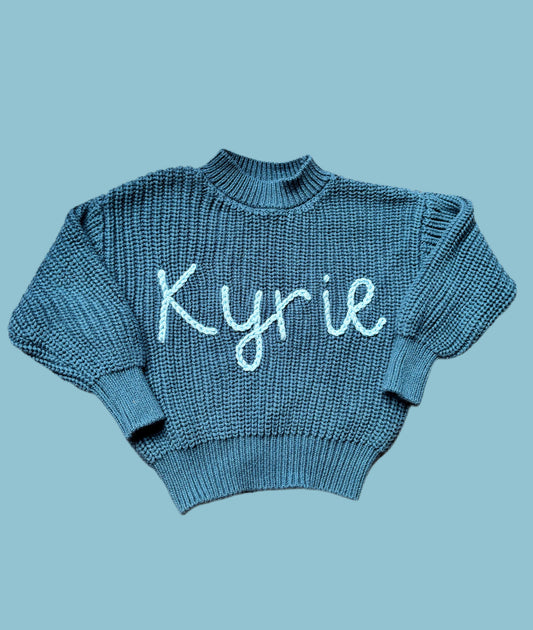 keepsake hand embroidered name knit oversized sweater jumper for newborn babies toddlers kids girls boys