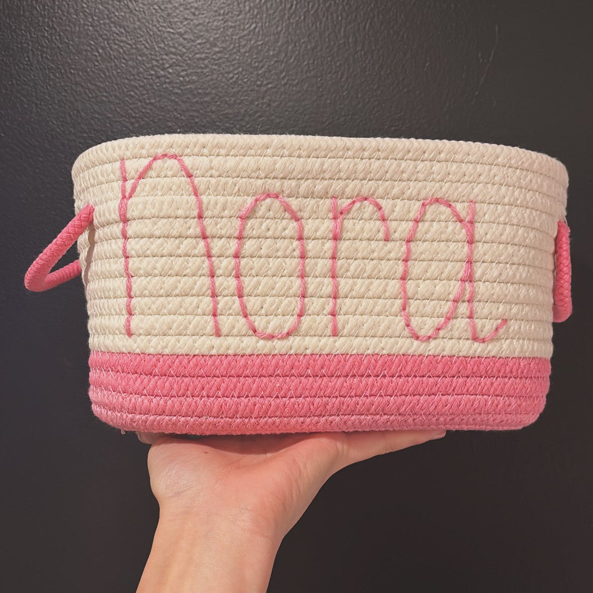 hand embroidered rope baskets | easter + holiday baskets | red + pink with handles