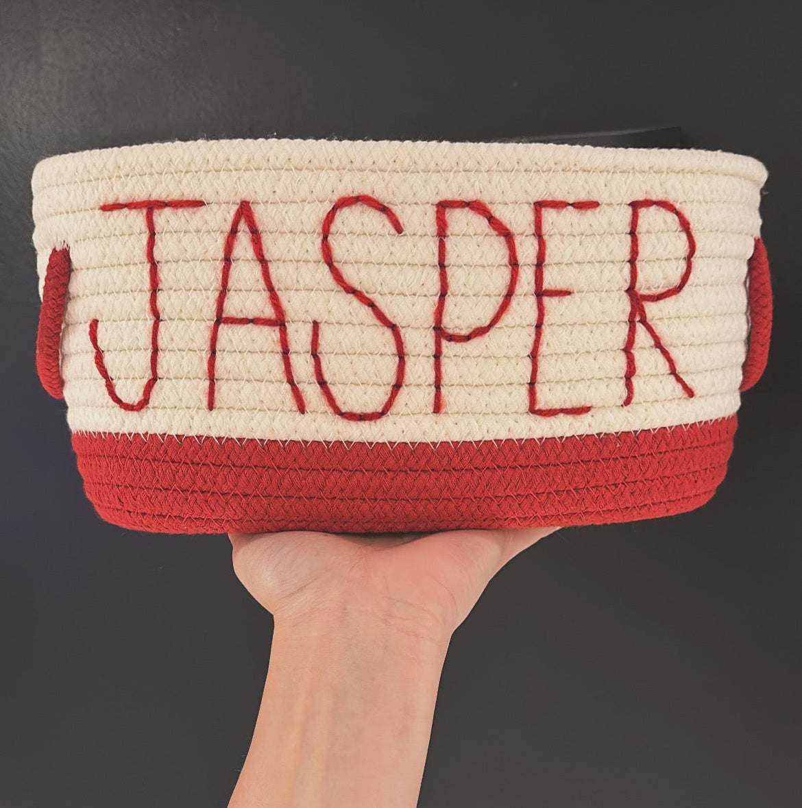 hand embroidered rope baskets | easter + holiday baskets | red + pink with handles