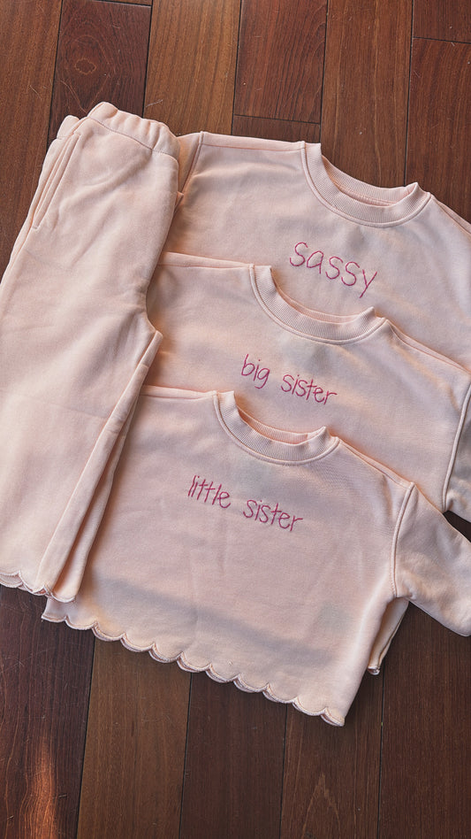 peachy scalloped edge pullover + pant set