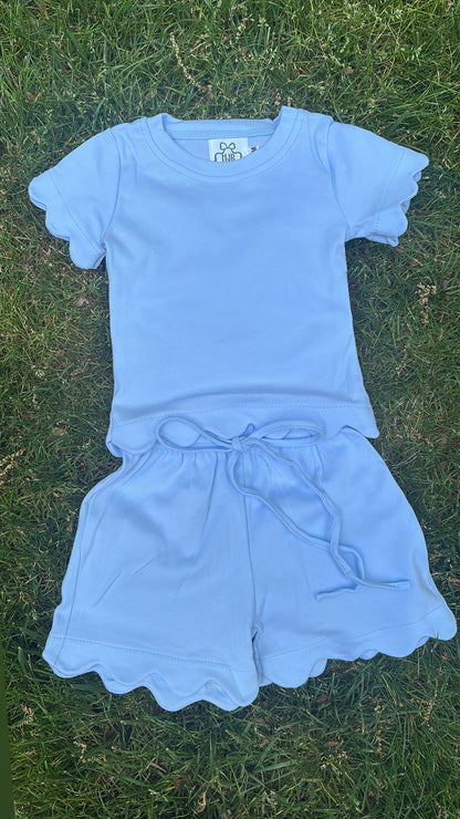 girls scalloped hem sets | sky blue