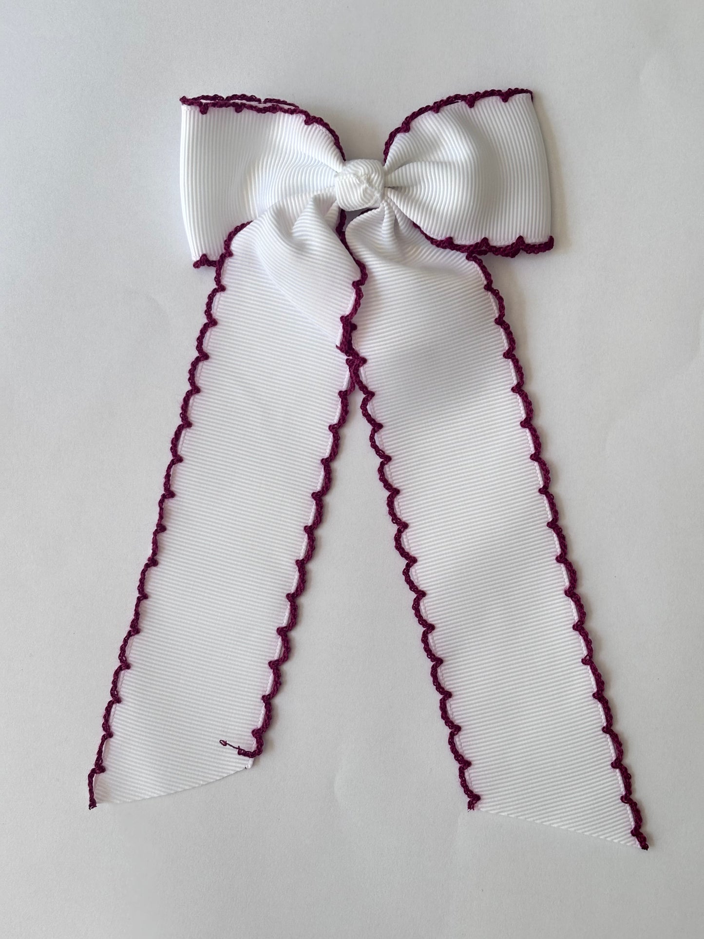 white double moonstitch bow with maroon trim| *made to order*