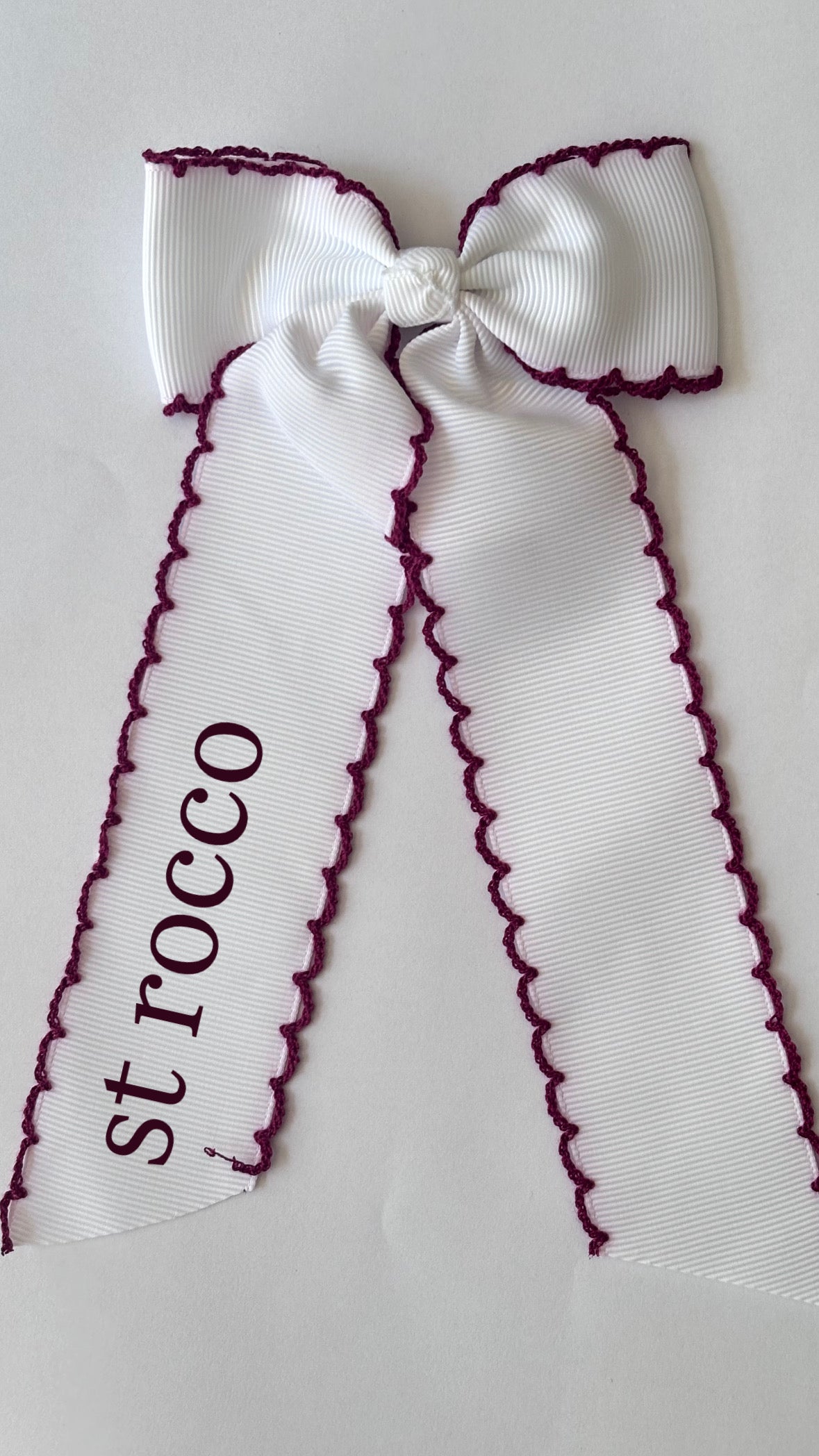 white double moonstitch bow with maroon trim| *made to order*