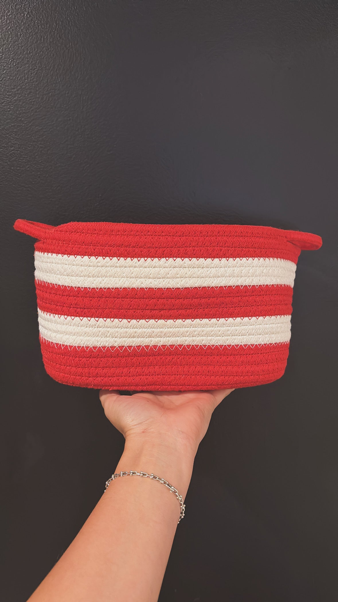 red striped personalized embroidered rope baskets