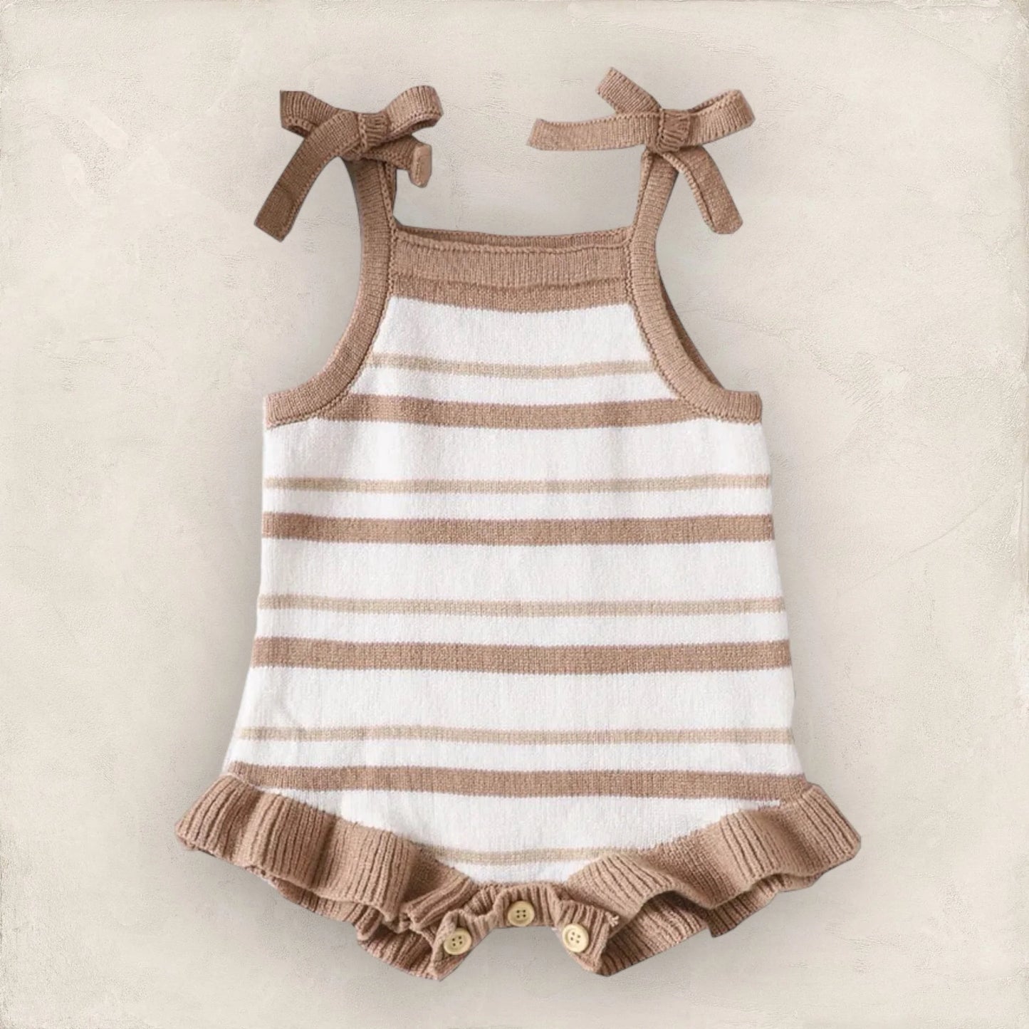 cream + tan striped romper with ruffle legs | baby + toddler