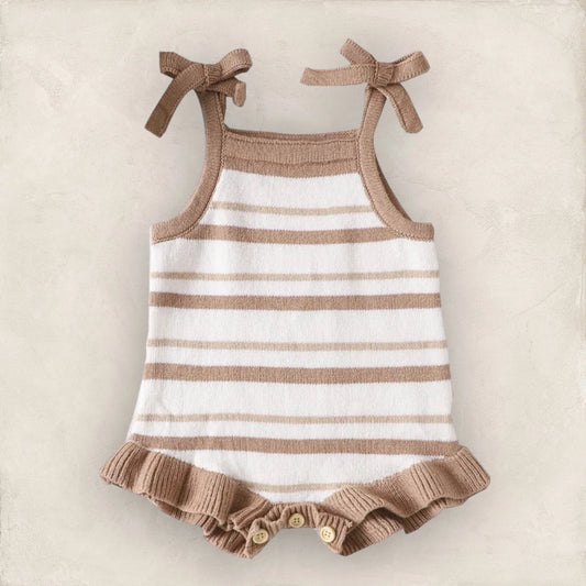 cream + tan striped romper with ruffle legs | baby + toddler