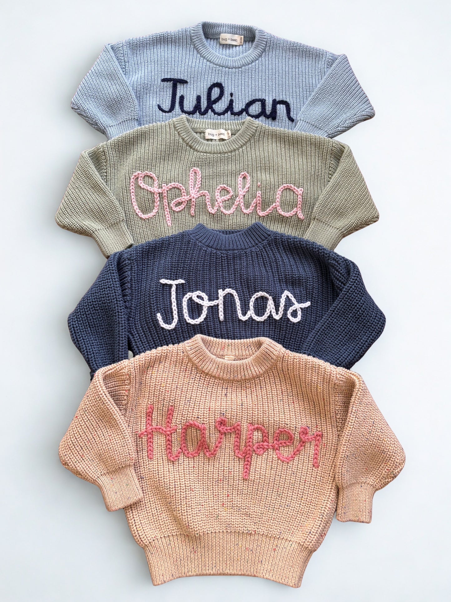 keepsake hand embroidered name knit oversized sweater jumper for newborn babies toddlers kids girls boys
