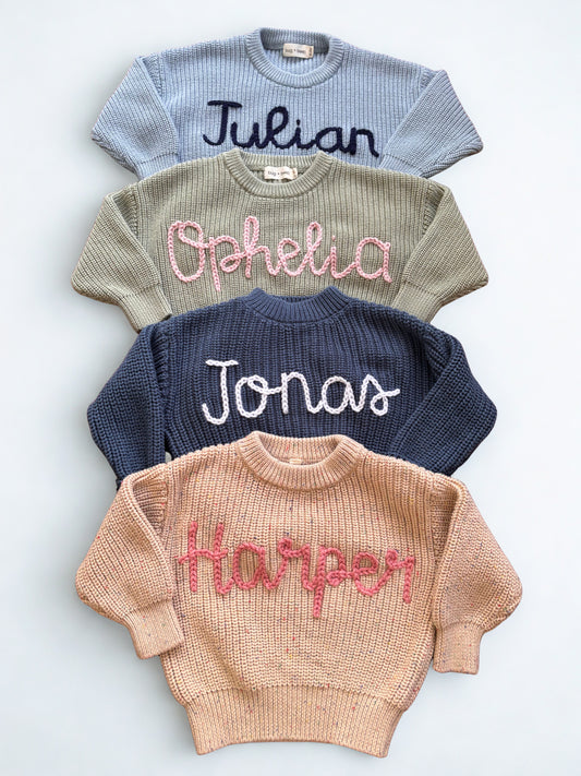 keepsake hand embroidered name knit oversized sweater jumper for newborn babies toddlers kids girls boys