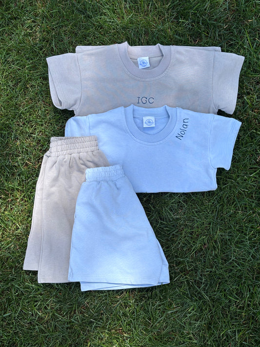boys french terry shorts set | light blue