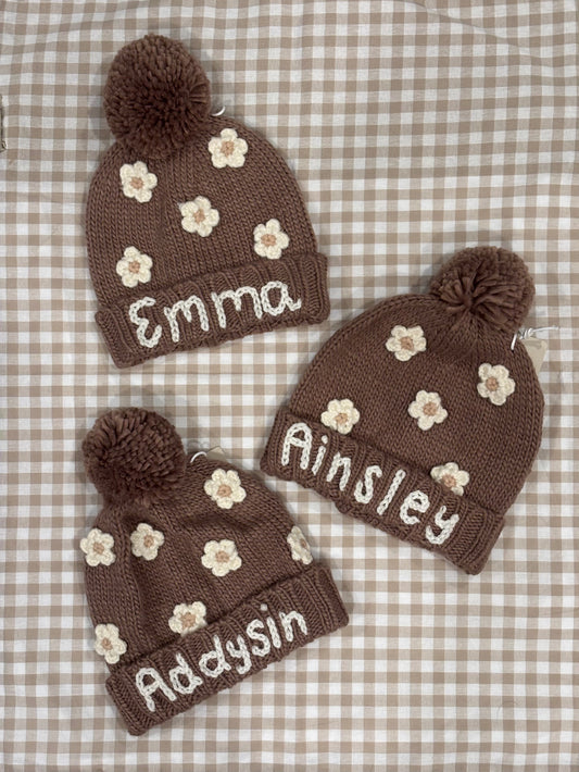 personalized knit beanie | floral | pom pom