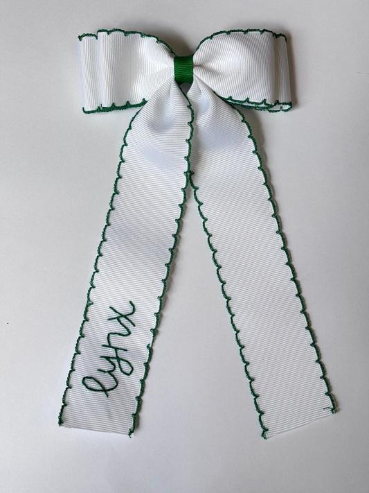 lincoln lynx white double moonstitch bow with green trim| *made to order*