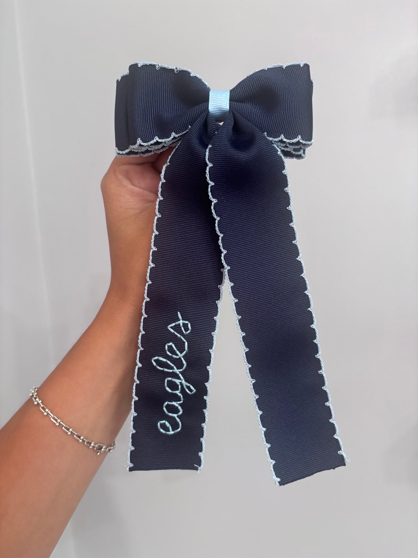 navy double moon stitch hair bow with light blue trim | *made to order*