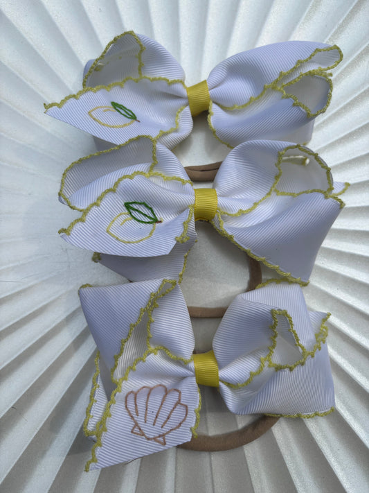mini white moon stitch hair bow with yellow trim | ready to ship