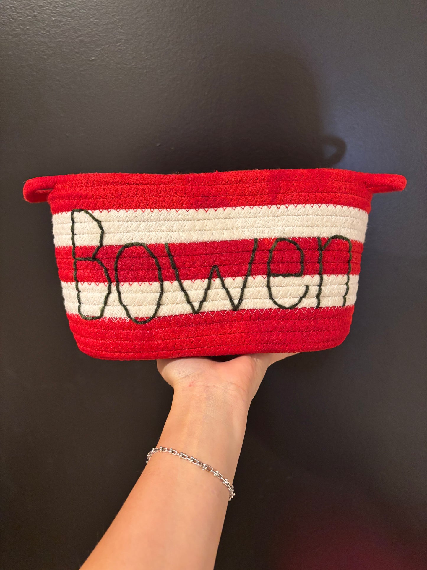 red striped personalized embroidered rope baskets
