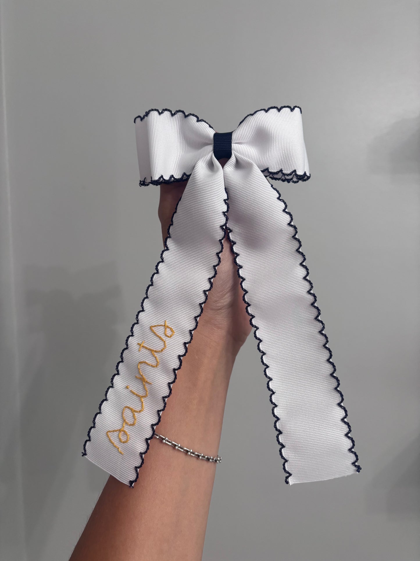 white double moon stitch hair bow with navy trim | *made to order*