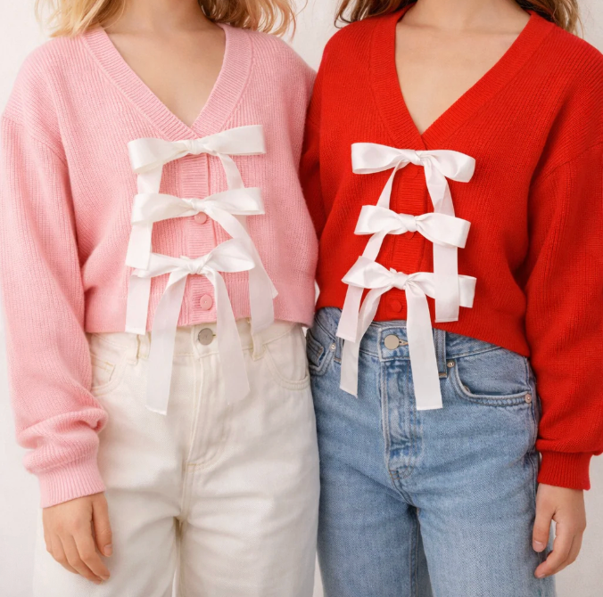 red + pink cardigan with cream bow | toddler + girls