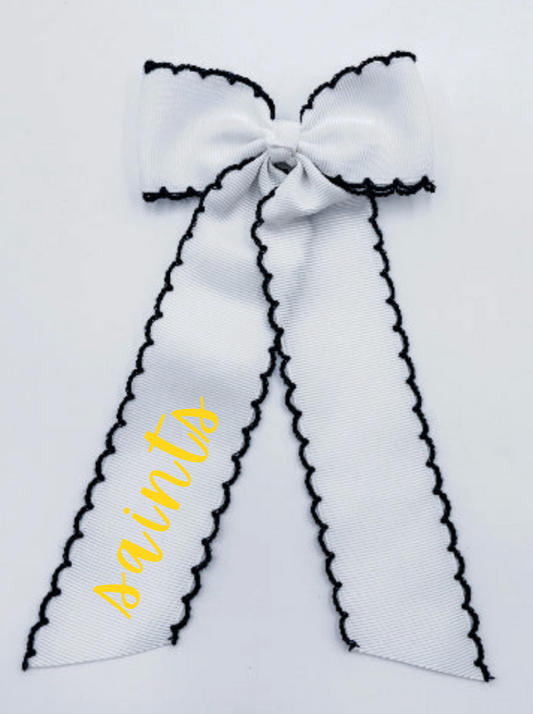 white moon stitch hair bow with navy trim| iccr saints | *made to order*