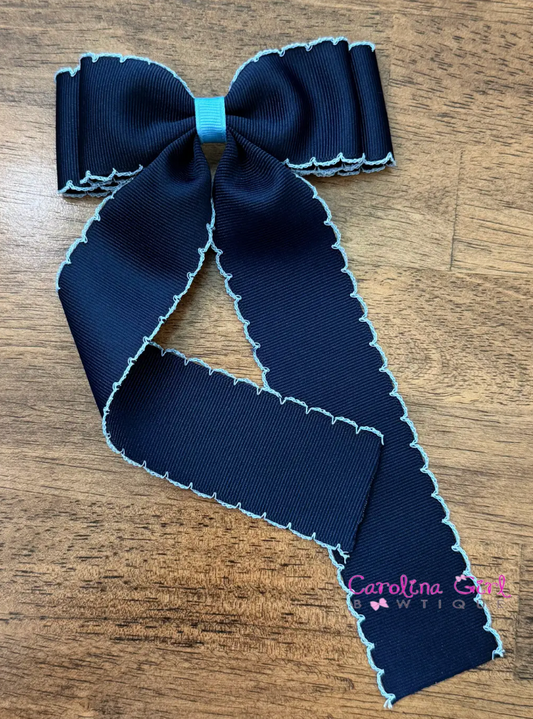 navy double moon stitch hair bow with light blue trim | *made to order*
