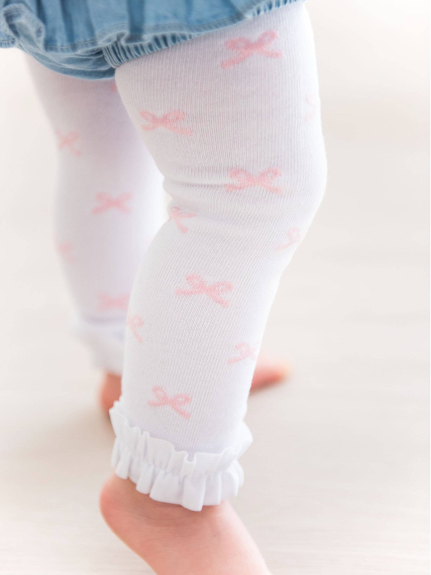 Girls Pink Bows Patterned Footless Ruffle Tights