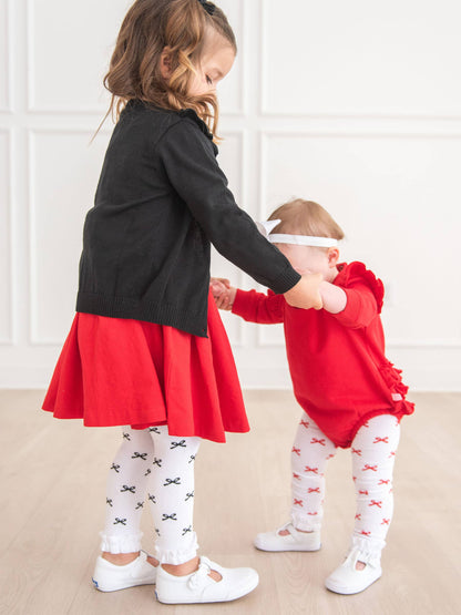 Girls Red Bows Patterned Footless Ruffle Tights