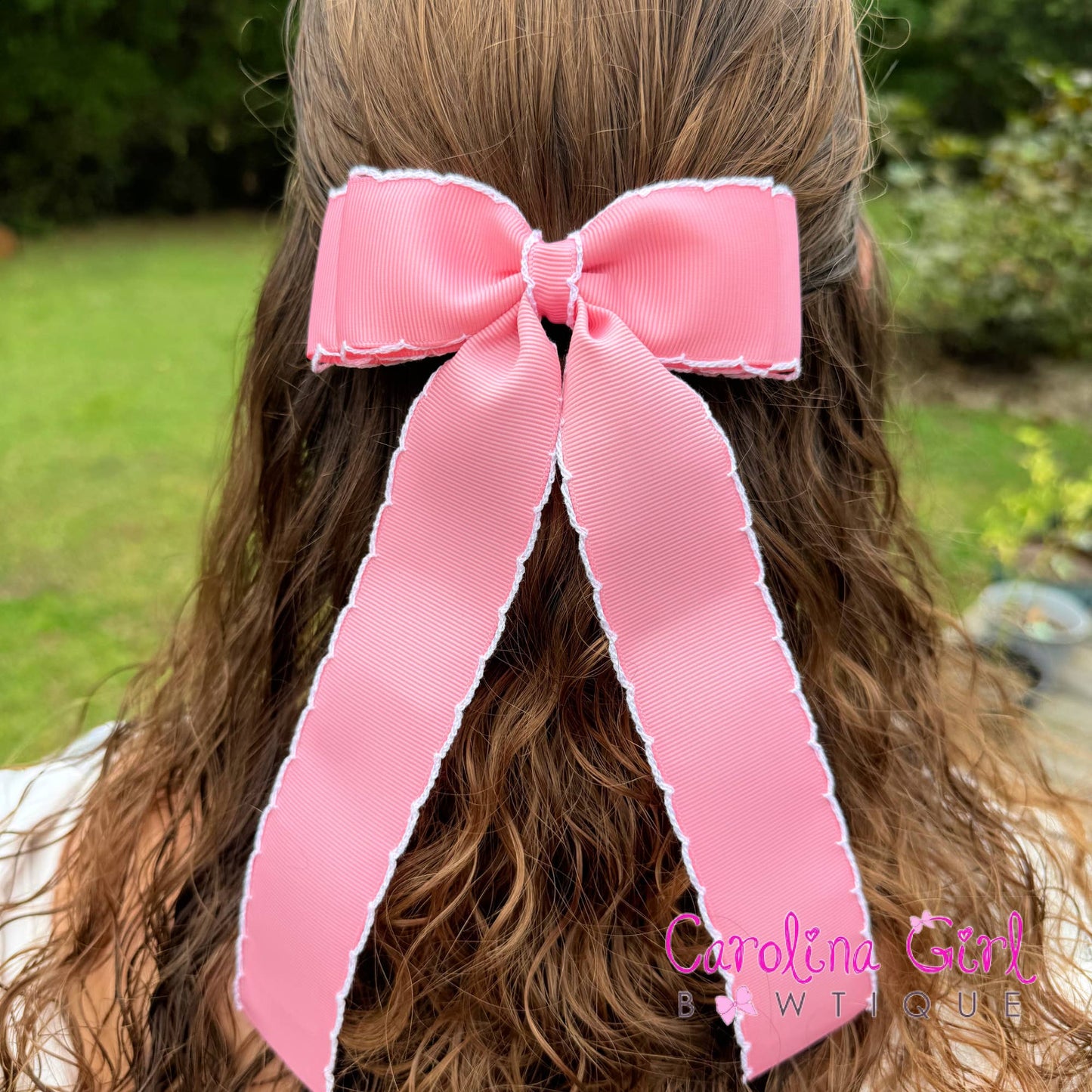 Double Stacked Moonstitch Hair Bow with Long Tails 5"