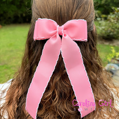 Double Stacked Moonstitch Hair Bow with Long Tails 5"