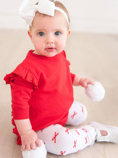Girls Red Bows Patterned Footless Ruffle Tights